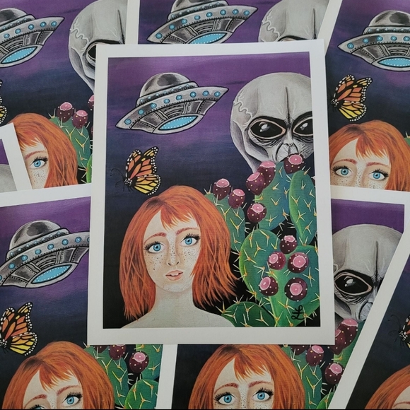 Vintage Other - Alien Art Print with Redhead and Cactus